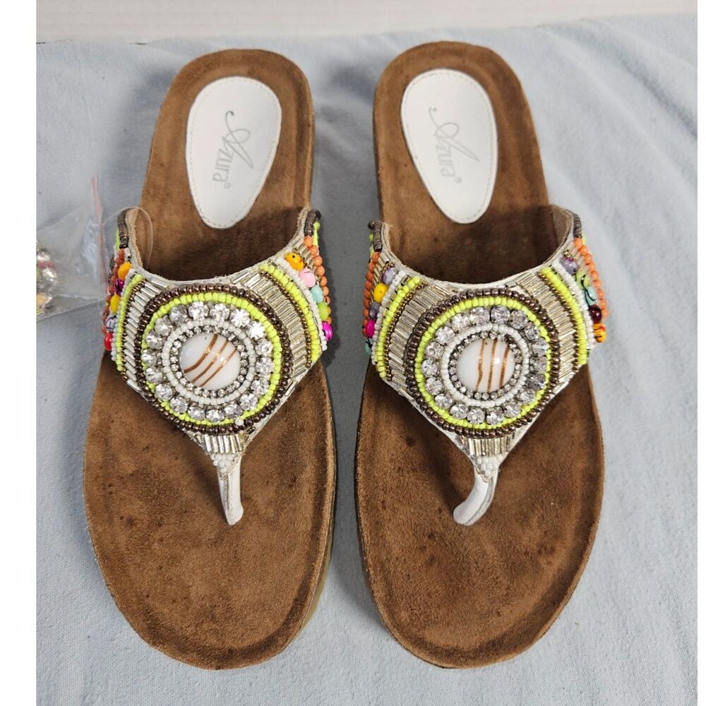 Boho Azura Spring Step Embellished Beaded Cork Thong Wedge Sandals 8.5